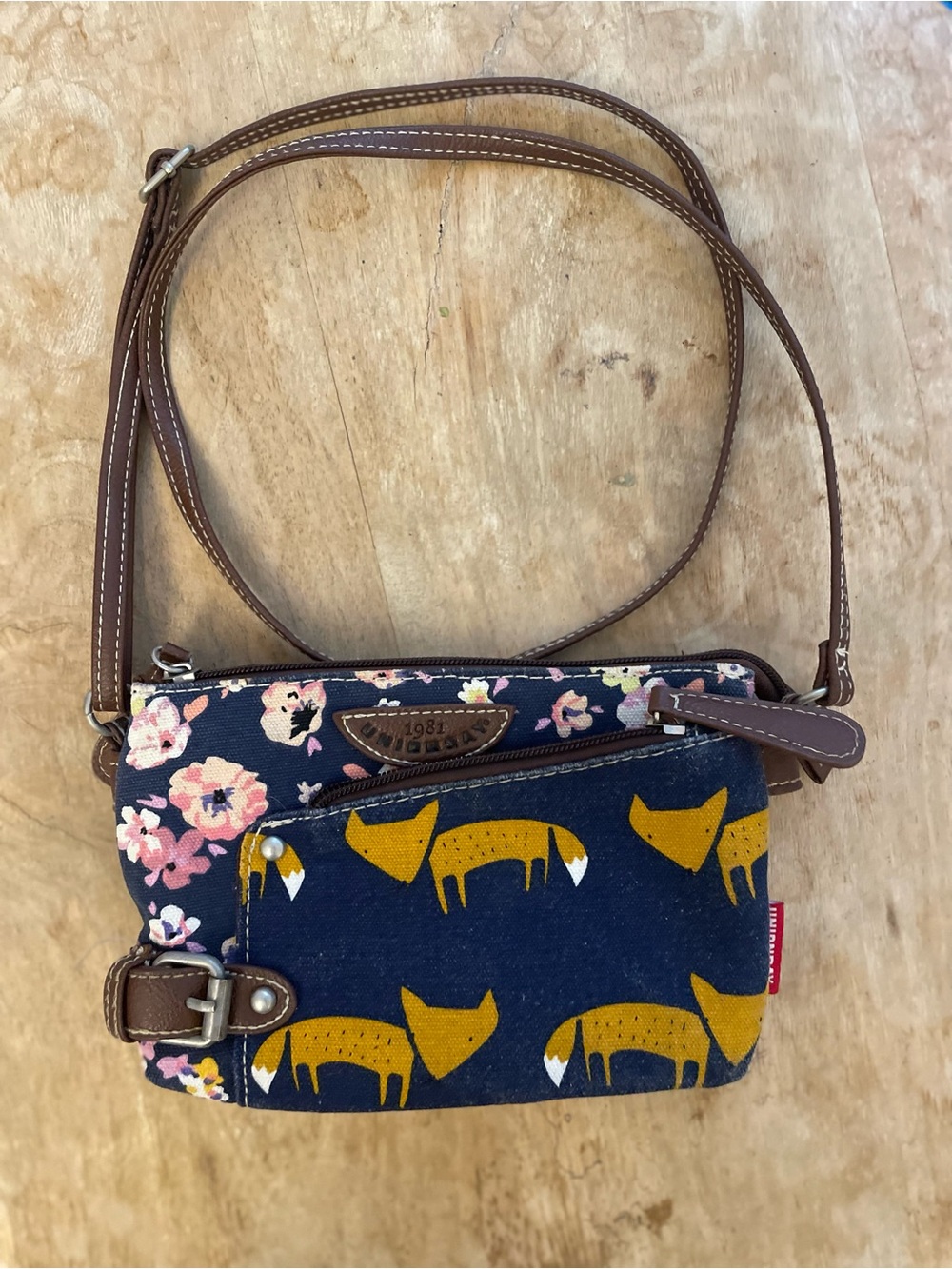 VTG 1981 UNIONBAY Blue Denim Bag w/Mustard Fox & Pink Floral Accents Cardholder